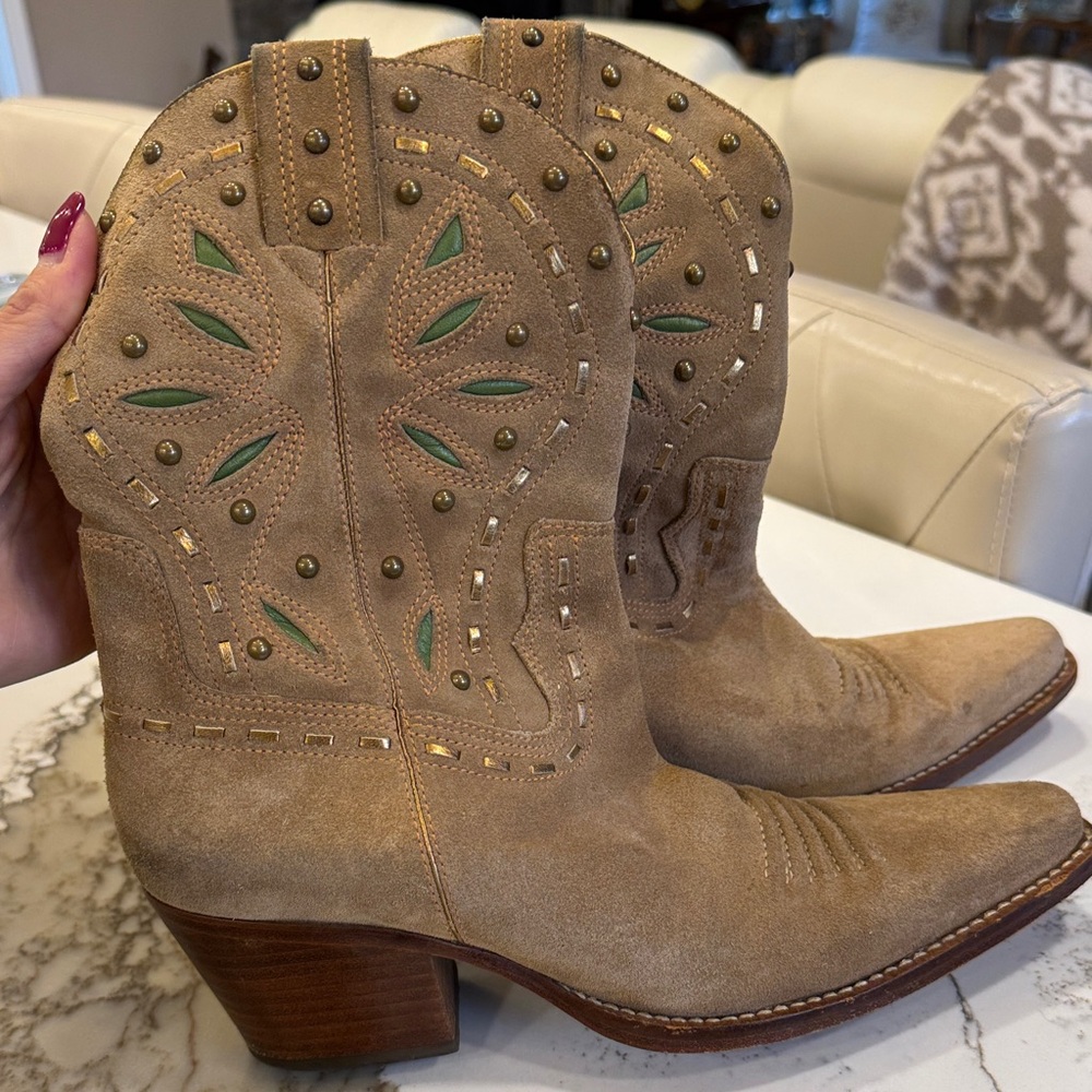 Cole Haan Tan and Green Studded Heeled Boots